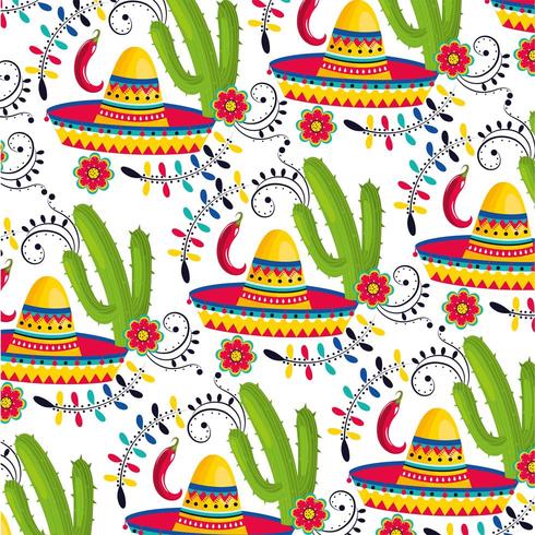 Sombrero mexicano con fondo de plantas de cactus y chiles vector