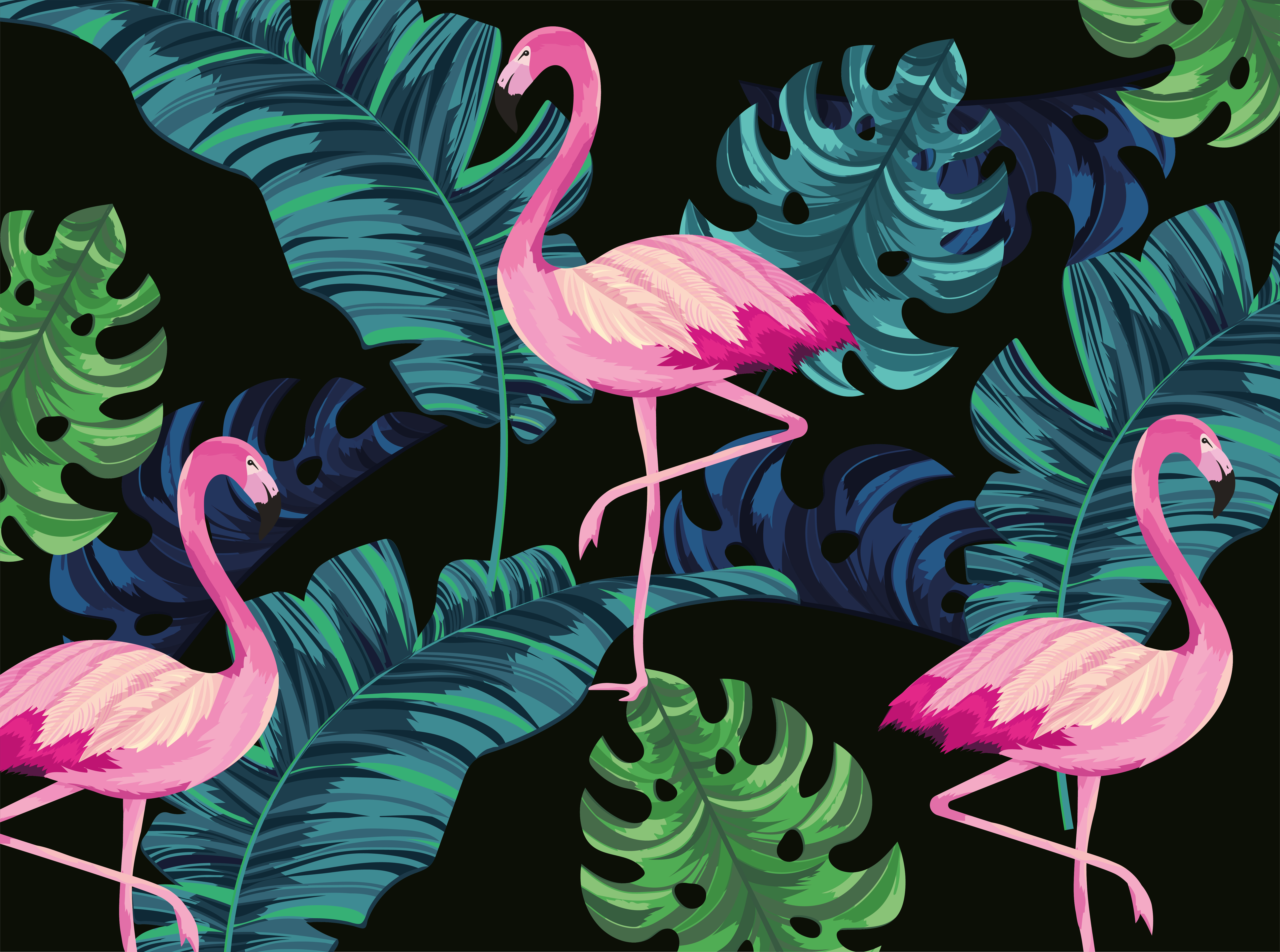 tropical flamingos with exotic leaves background 685877