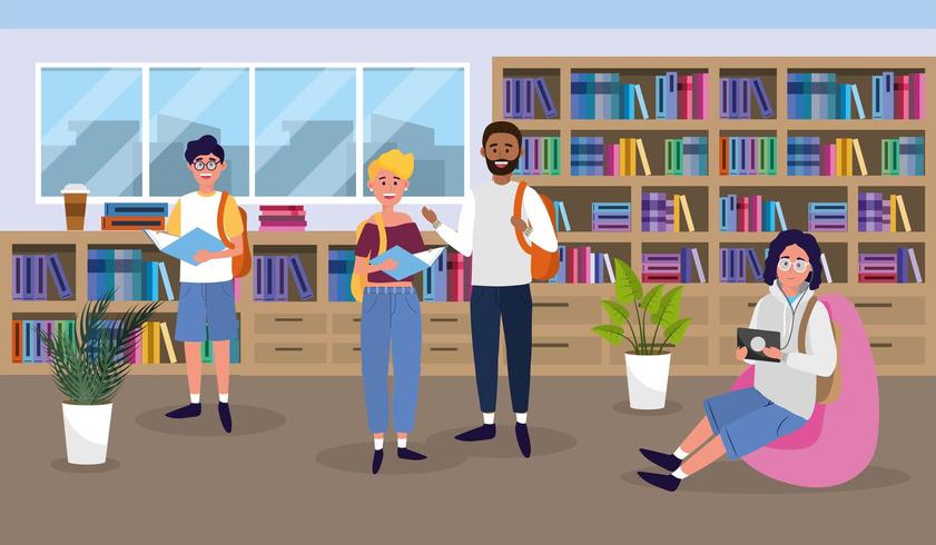 girl and boys in the university library education vector