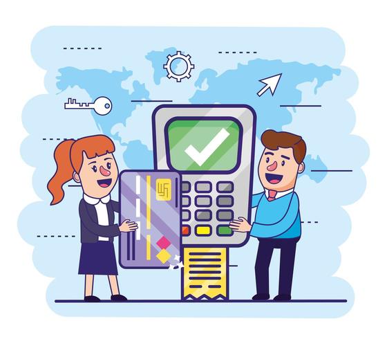 woman and man with credit card and dataphone vector