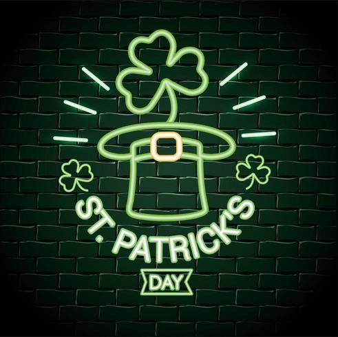 hat with clovers neon label to st patrick celebration vector