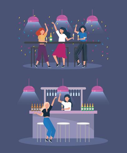 set of women with lights and champagne bottles vector