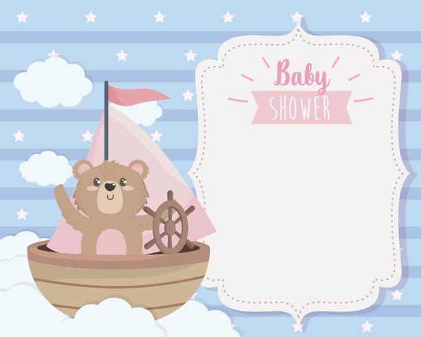 card of cute bear in the ship and clouds vector