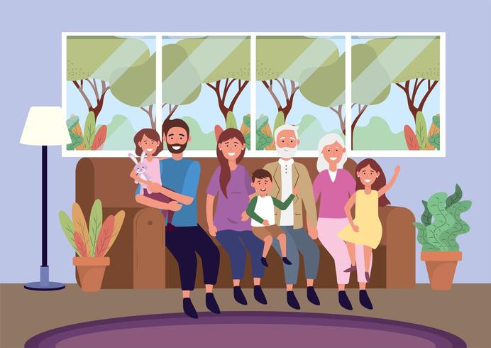 grandparents with woman and man with kids in the sofa vector
