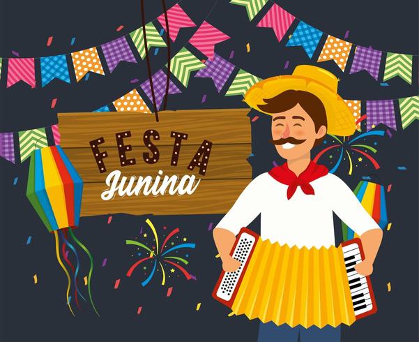 man with accordion and lanters with party banner vector