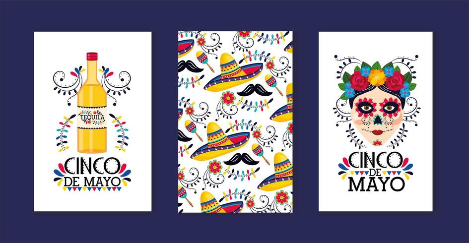 set traditional mexican cards to event celebration vector