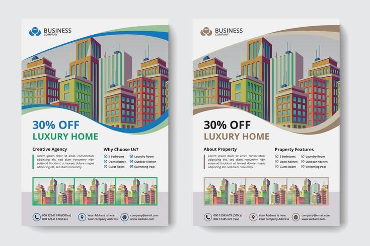 Corporate Business Template with Multicolor Wavy Cutout and Buildings vector