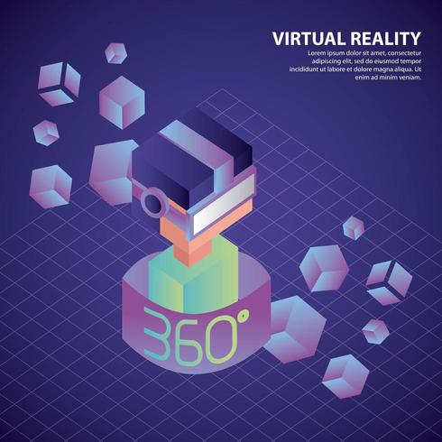 360 degree virtual reality isometric boy with neon glasses and cubes vector