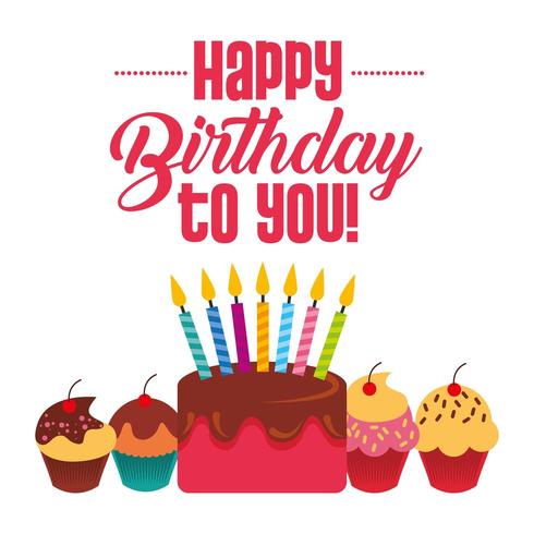 feliz cumpleaños a tu tarjeta con pastel con velas y pastelitos vector