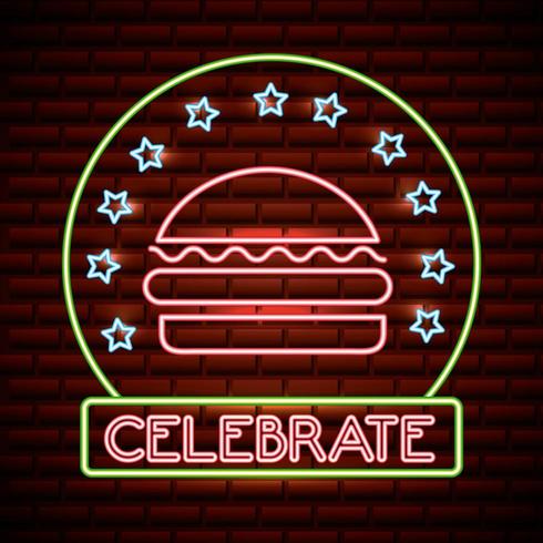 hamburger neon sign with celebrate text and stars vector