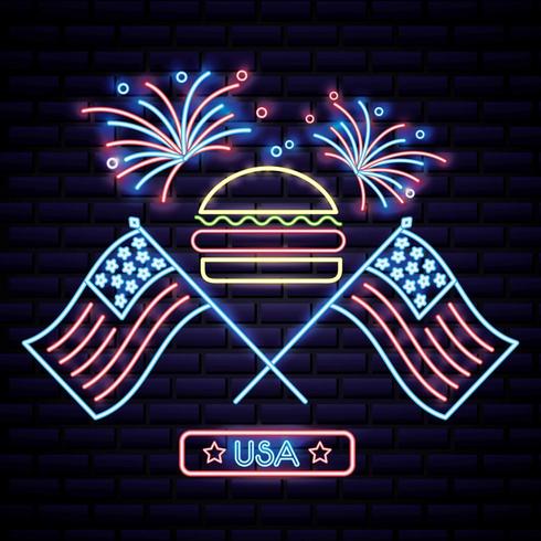american independence day hamburger with two usa flags and fireworks vector