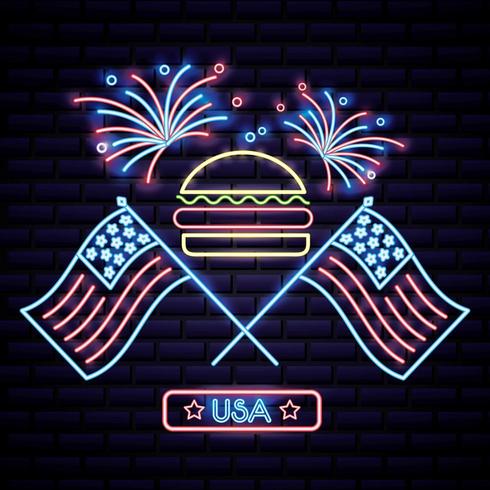 hamburguesa del día de la independencia americana con dos banderas de Estados Unidos y fuegos artificiales vector