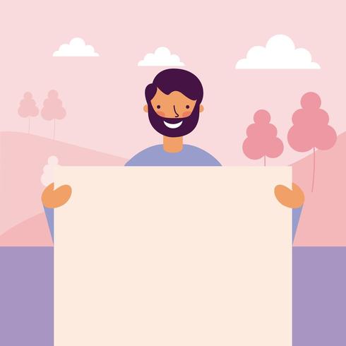 happy beard man smiling holding banner vector
