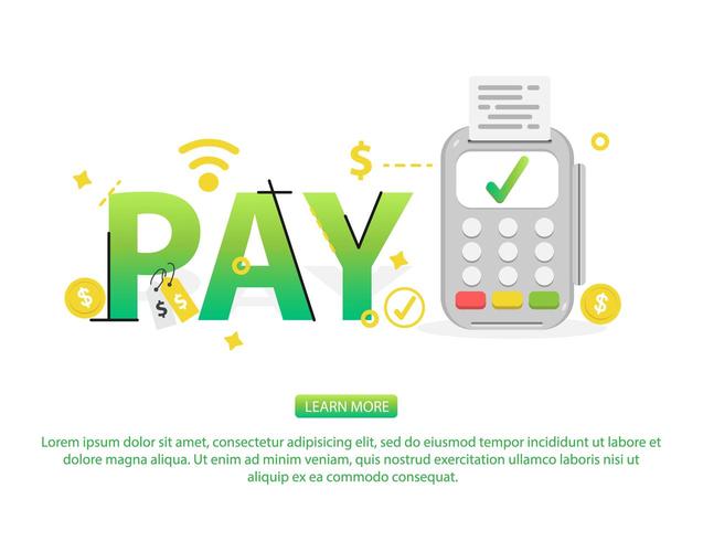 Contactless payment concept with text Pay, icons and credit card machine vector