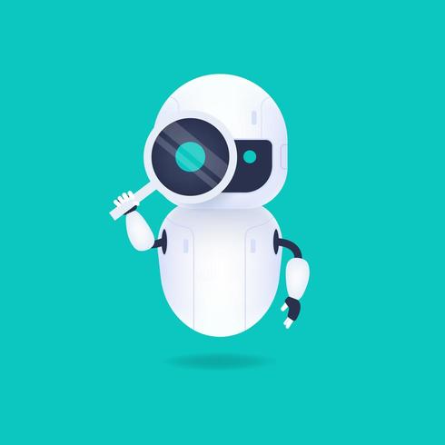 White friendly android robot looking through magnifying glass vector