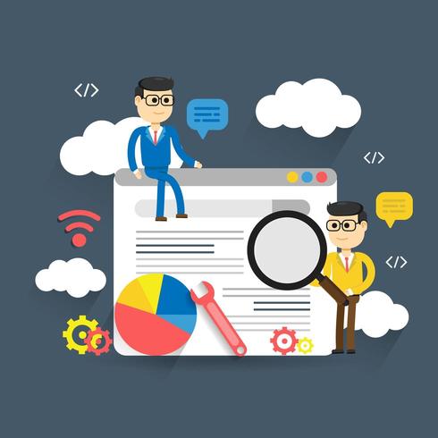 Flat illustration web analytics design with two men around web page vector