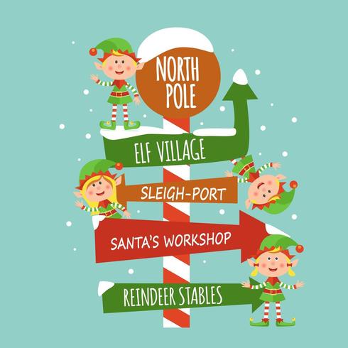 Christmas image with elves, snowflakes, North Pole sign vector