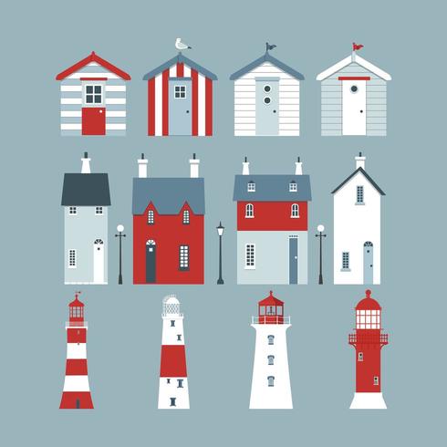 Sea set with beach huts, lighthouses, lifebuoy, street lights and small lodges. vector