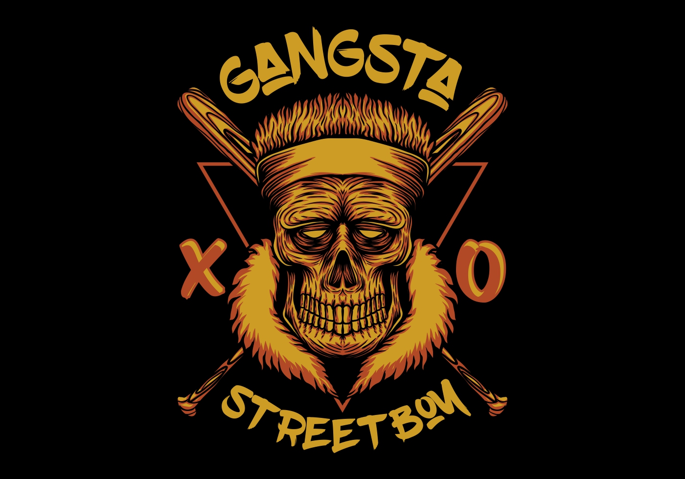 skull in front of crossed bats with gangsta  street boy 