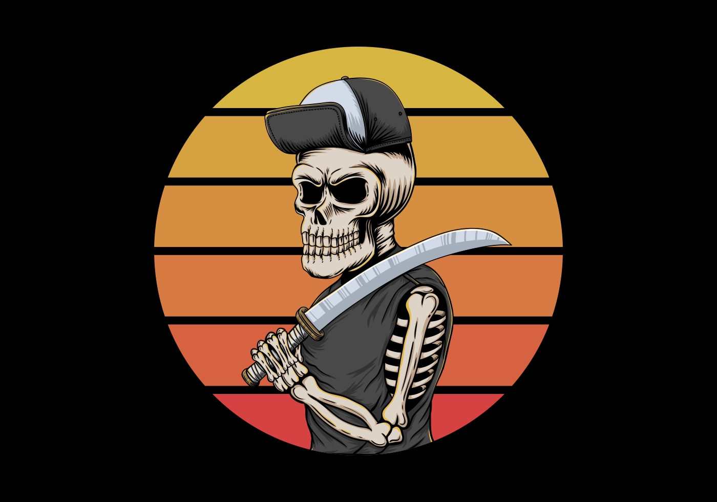 Skull gangster  holding knife in front of retro sunset 