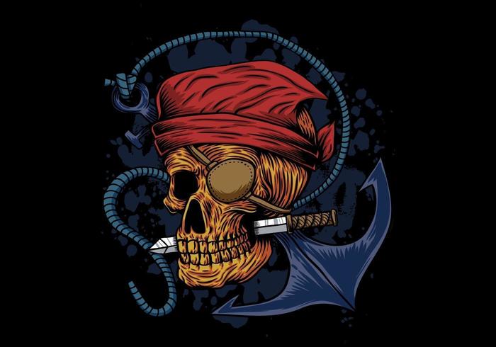 skull pirate with knife in mouth and anchor vector