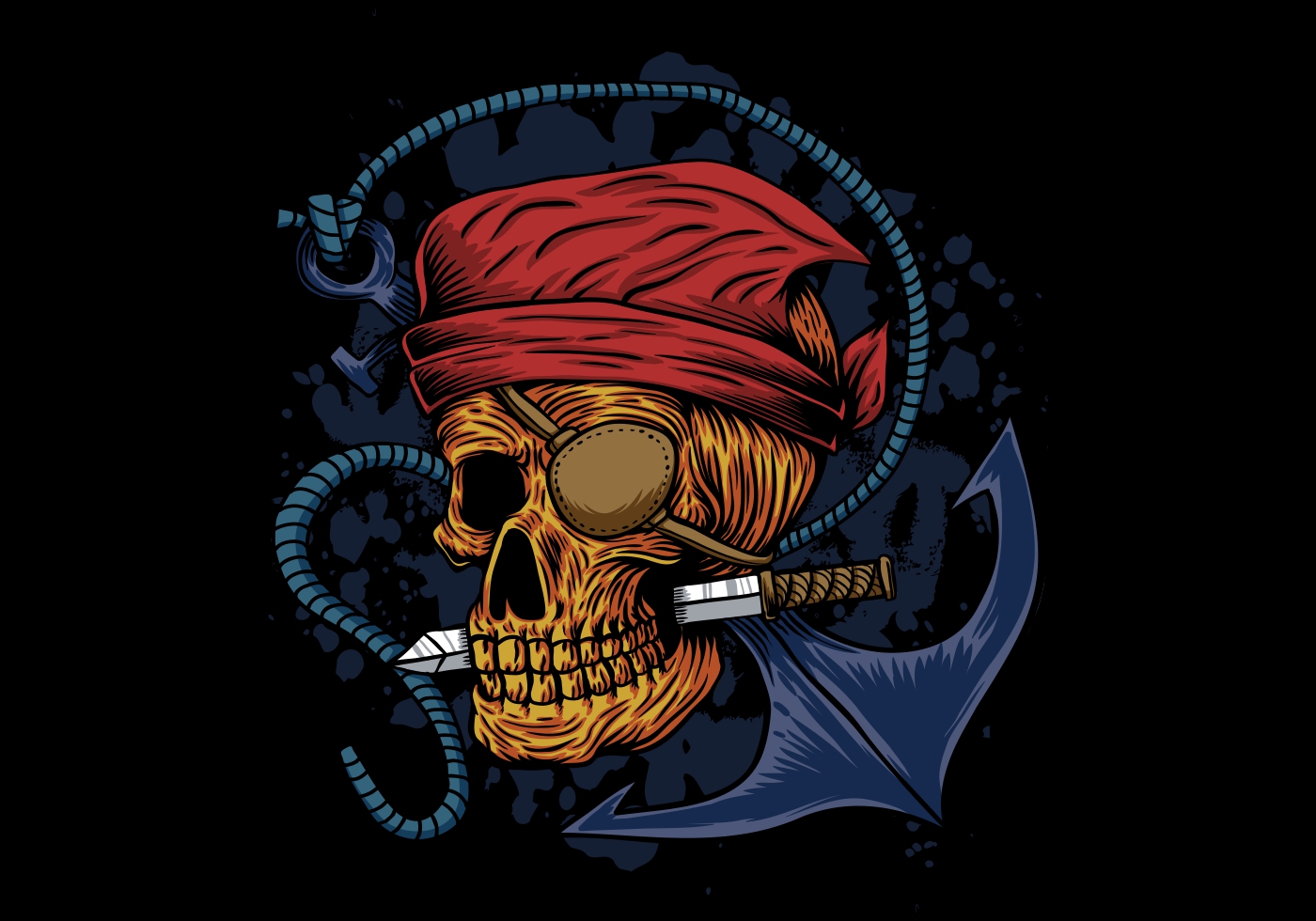 skull pirate with knife in mouth and anchor - Download Free Vectors
