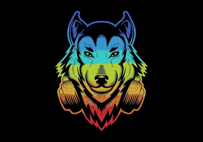 Colorful Wolf wearing headphones vector