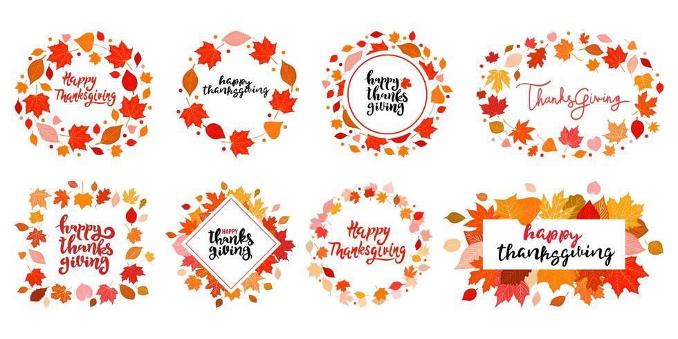 Set of  Hand Drawn Autumn frames. Happy Thanksgiving Day decoration with bright leaves. vector