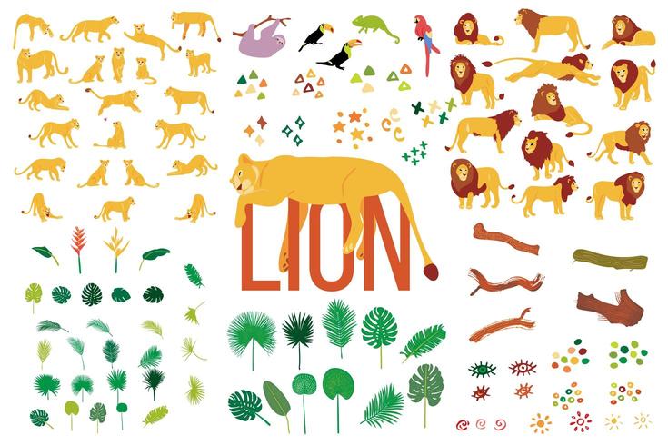 Hand drawn flat collection of Lions and tropical plants isolated on white background. vector