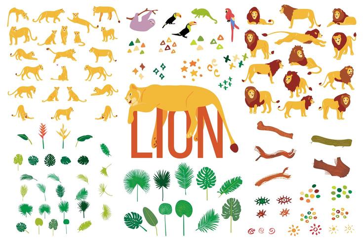 Hand drawn flat collection of Lions and tropical plants isolated on white background.