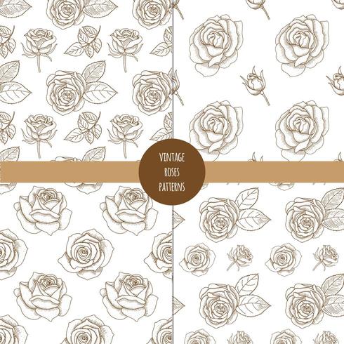 Set of vintage hand drawn seamless patterns with roses. vector