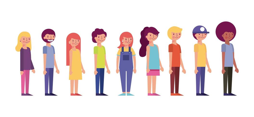 people standing smiling colorful clothes organized by stature vector
