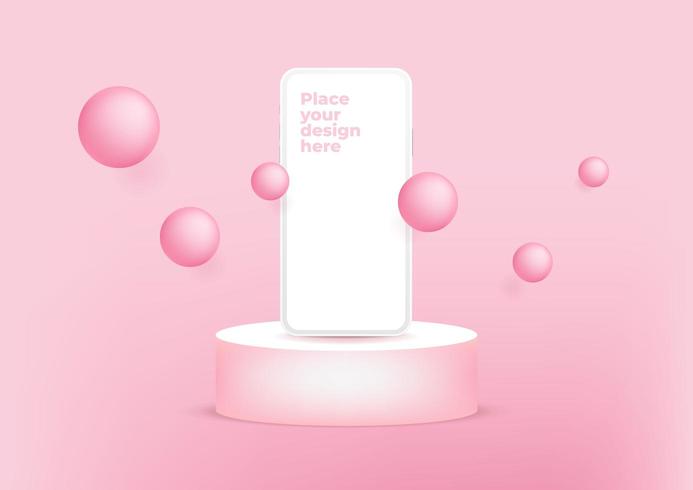 Blank screen smartphone on podium for product presentation or showcase on pink background. vector