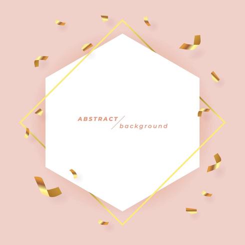 Hexagon banner template with golden diamond frame and confetti on pink background. vector