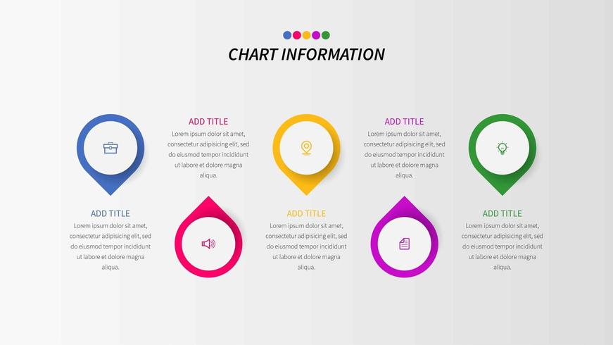 Five-step infographic with drop shapes and business icons vector