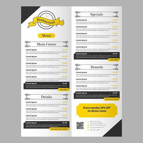 Editable plantilla de menú de comida de restaurante negro y amarillo con Banner vector