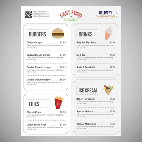 Fast Food Restaurant Menu Simple Design with Food Icons