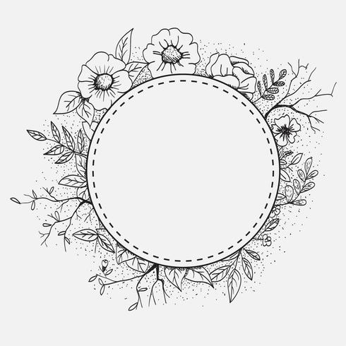 Marco circular con flores, hojas y espacio para texto. vector