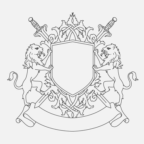 Escudo de escudo con dos leones y espadas. vector