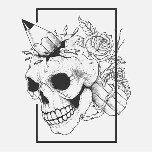 Skull head with pencil through it and flowers hand drawing vector