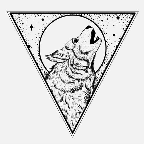 Full moon wolf in upside down triangle dot and line art vector