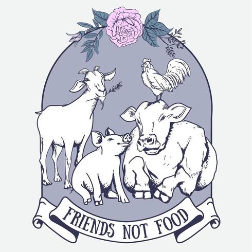 Diseño de camiseta Friend not food con animales y flores vector