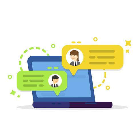 Online meeting or discussion speech bubbles and user icons on laptop vector