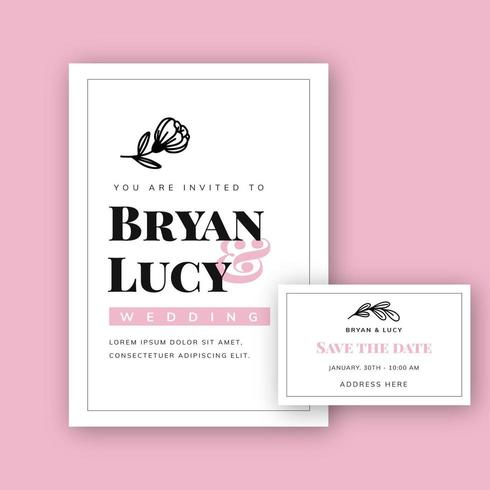 Balck And Pink Wedding Invitation Template With Flower vector