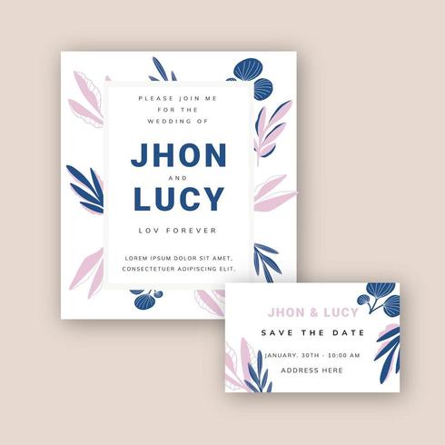 Hand Drawn Wedding Invitation Template With Pink And Blue Floral vector