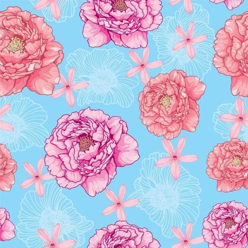 Seamless pattern of peonies on a blue background vector