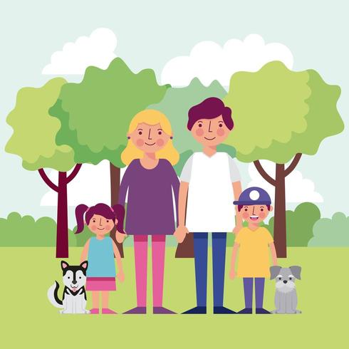 Familia sonriente con dos perros y niños disfrutando del parque vector