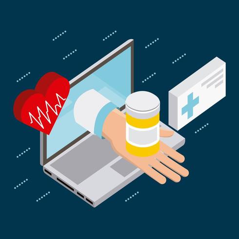 computer screen with hand holding medicine vector