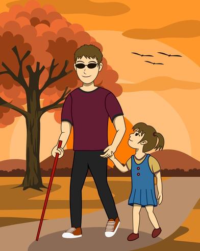 Vector illustration of Blind man and his daughter are walking together in a park at sunset