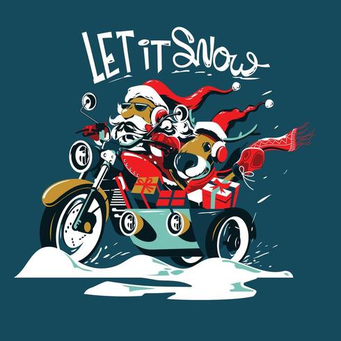 Santa Claus y los ciervos andan en motocicleta en la víspera de Navidad vector